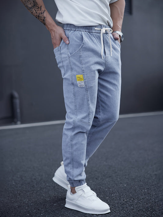 Men’s Drawstring Denim Joggers | Relaxed Fit Streetwear Jeans | Distressed Light Wash