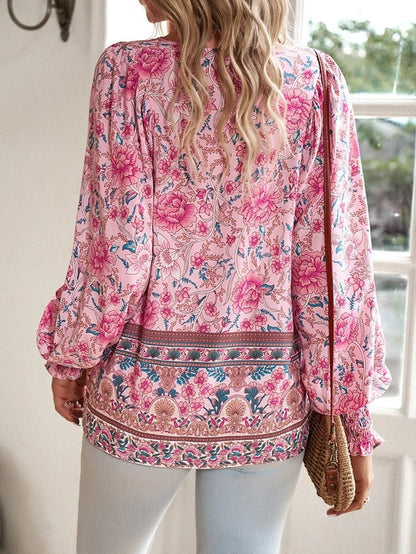 Boho Floral Peasant Blouse | Lightweight Rayon | Tie Neck Detail