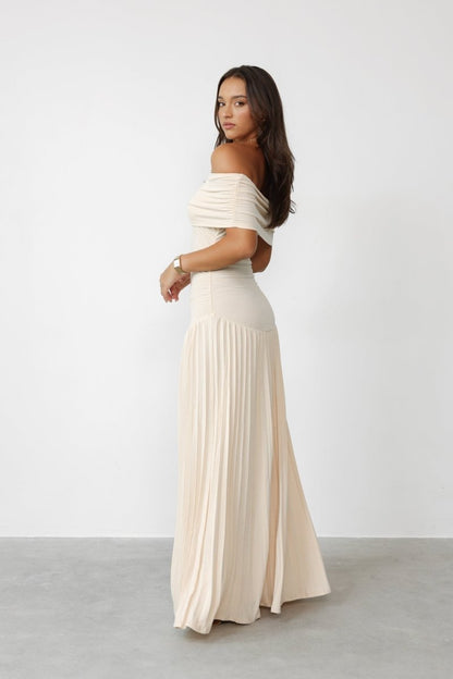 Off-Shoulder Pleated Maxi Dress | Elegant Evening Wear | Neutral Tone