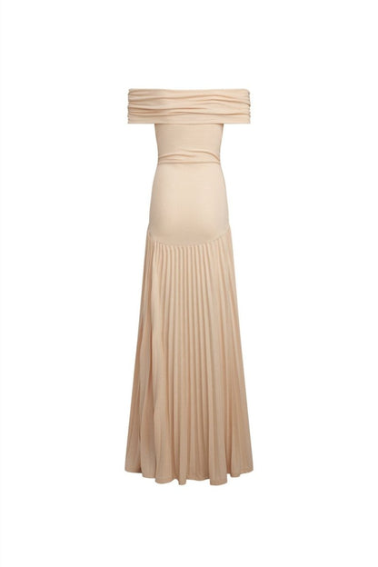 Off-Shoulder Pleated Maxi Dress | Elegant Evening Wear | Neutral Tone