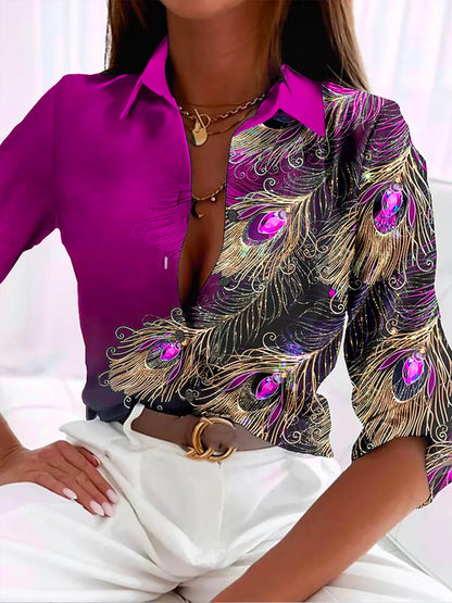 Peacock Feather Print Blouse | Satin Finish | Button Front