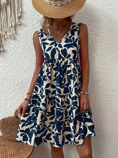 Sleeveless V-Neck Sundress | Tiered A-Line Fit | Navy & Cream Bold Print