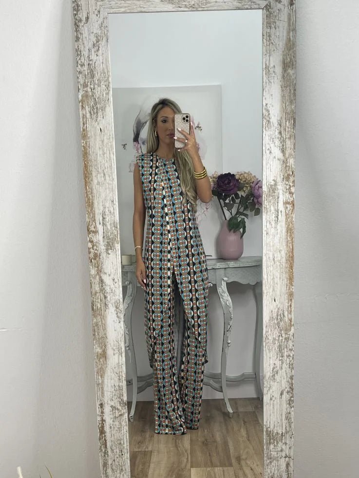 Satin Wide-Leg Jumpsuit | Sleeveless Geometric Print | Statement One-Piece