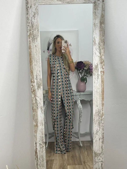 Satin Wide-Leg Jumpsuit | Sleeveless Geometric Print | Statement One-Piece