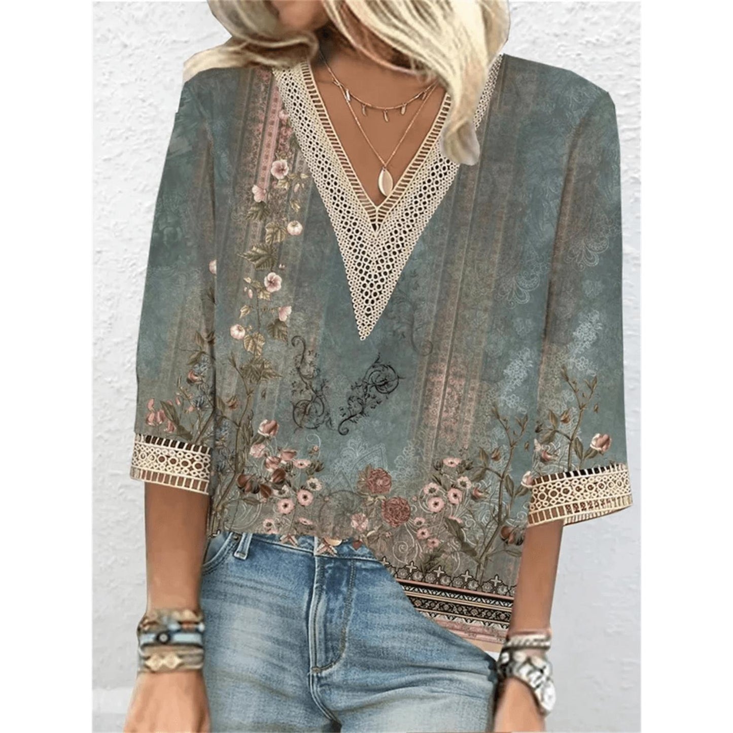 Women's Sequin Blouse | V-Neck with Crochet Trim | Relaxed Fit Party Top