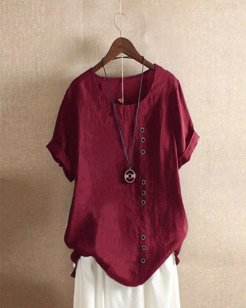 Asymmetric Button Linen Top | Relaxed Fit | Short Sleeve