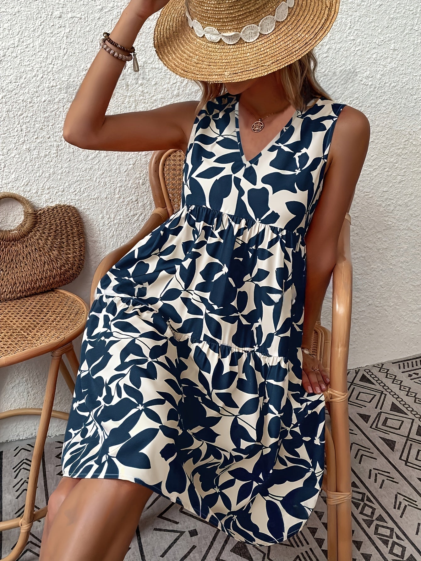 Sleeveless V-Neck Sundress | Tiered A-Line Fit | Navy & Cream Bold Print