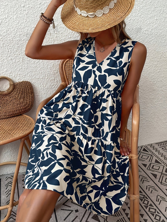 Sleeveless V-Neck Sundress | Tiered A-Line Fit | Navy & Cream Bold Print