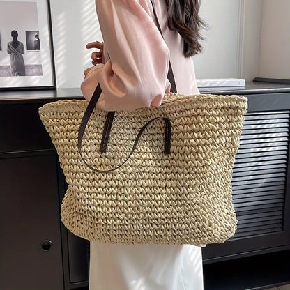 Woven Straw Tote Bag | Oversized Beach Shoulder Bag | Casual Summer Carryall