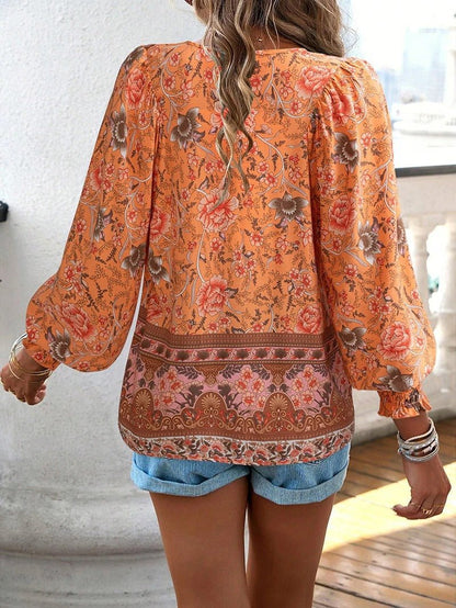 Boho Floral Peasant Blouse | Lightweight Rayon | Tie Neck Detail