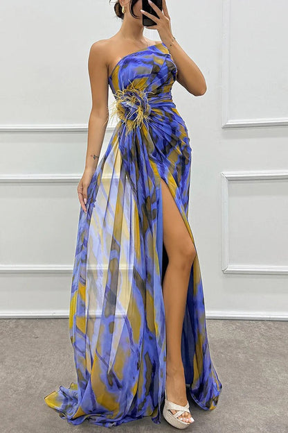Watercolour Chiffon Gown dress | One-Shoulder Design & Side Slit | Bold Abstract Print