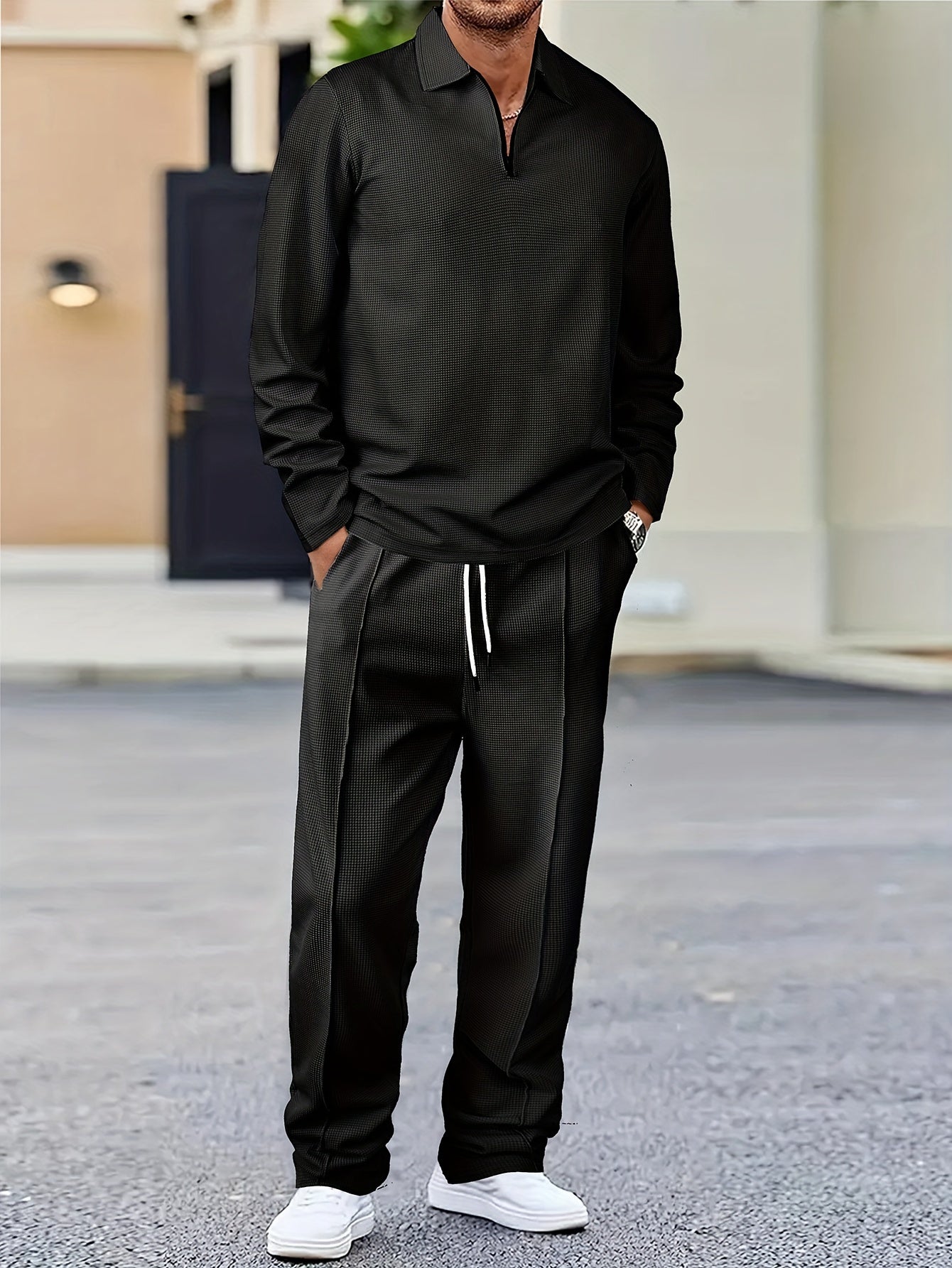 Men’s Textured Lounge Set | Quarter-Zip Pullover & Joggers | Relaxed Fit in Beige