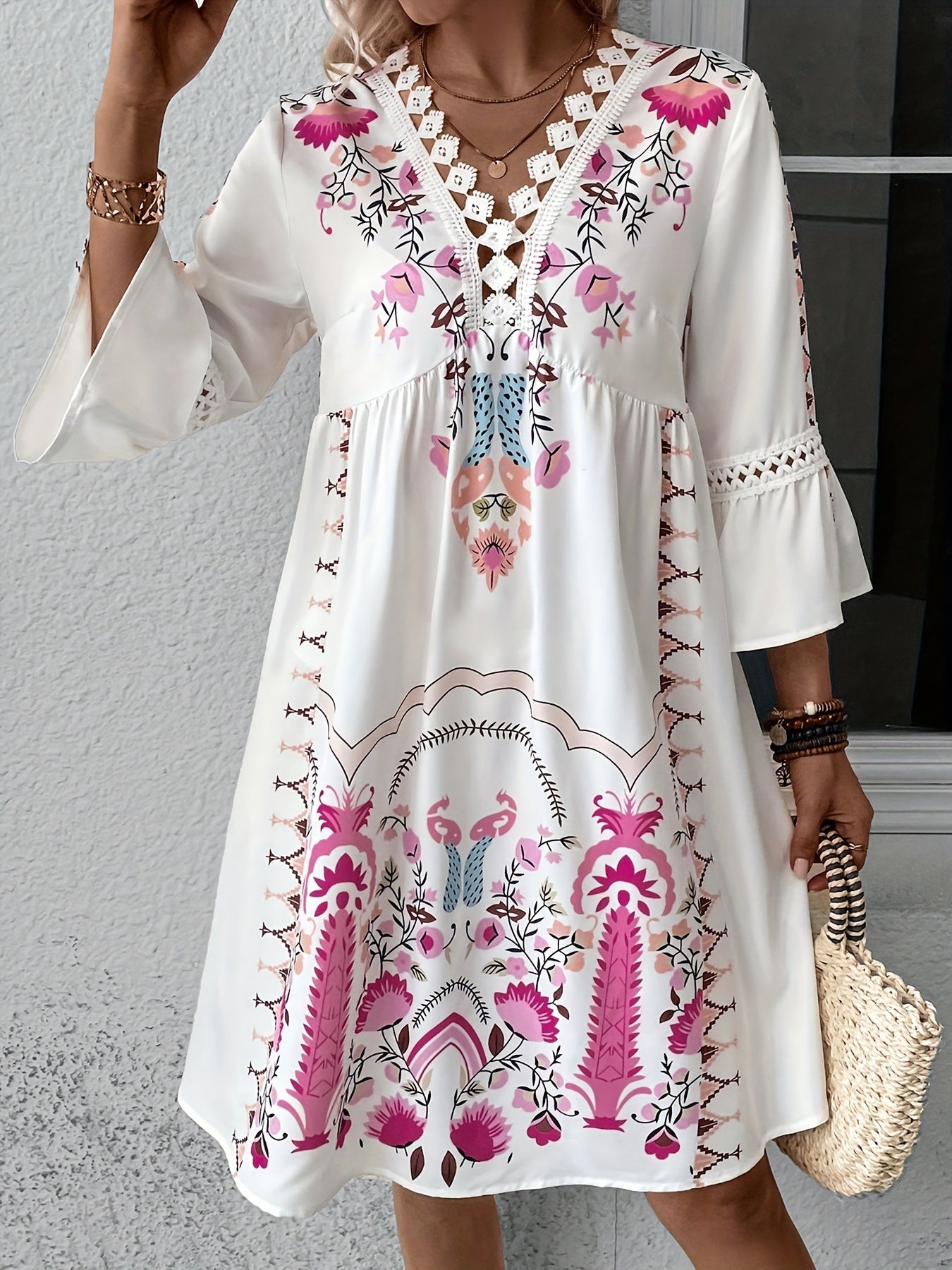 Boho Embroidered Mini Dress | 3/4 Sleeve Cotton Blend | Relaxed Summer Tunic Style