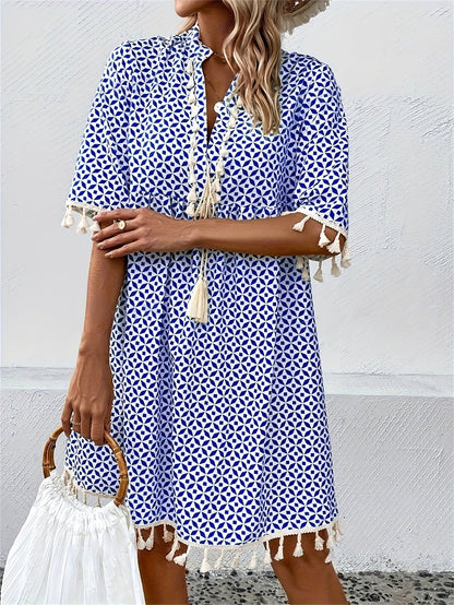 Boho Tassel Mini Dress | Lightweight Printed Cotton | Relaxed Fit Summer Style