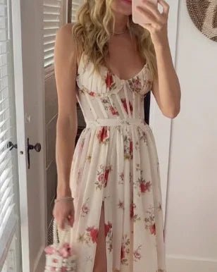 Floral Corset Maxi Dress | Spaghetti Straps | Front Slit Detail