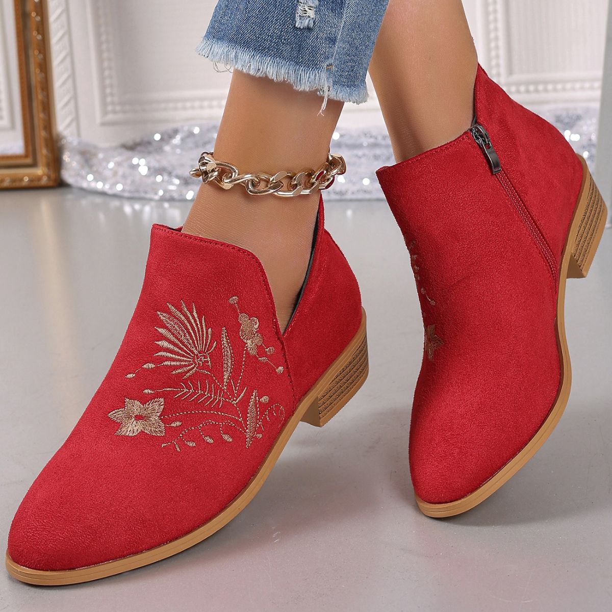 Embroidered Ankle Boots | Suede | Low Heel | Boho Chic