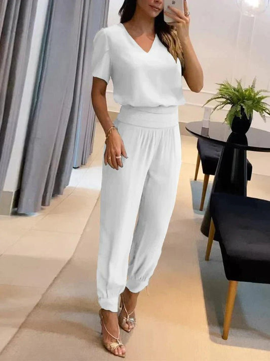 Two-Piece V-Neck Lounge Set | Short Sleeve Top & Jogger Pant | Soft Drape Fit