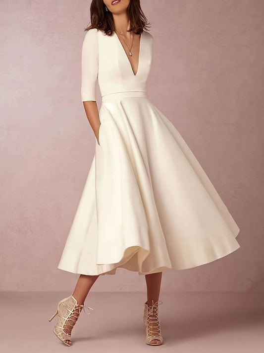 Fit-and-Flare Satin Midi Dress | V-Neckline | 3/4 Sleeves