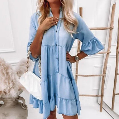 Tiered Denim-Style Mini Dress | Button-Front with 3/4 Sleeves | Lightweight Casual Fit