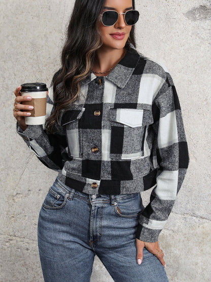 Cropped Plaid Jacket | Trendy Button-Down Design | Lightweight Polyester Blend | Casual Layering