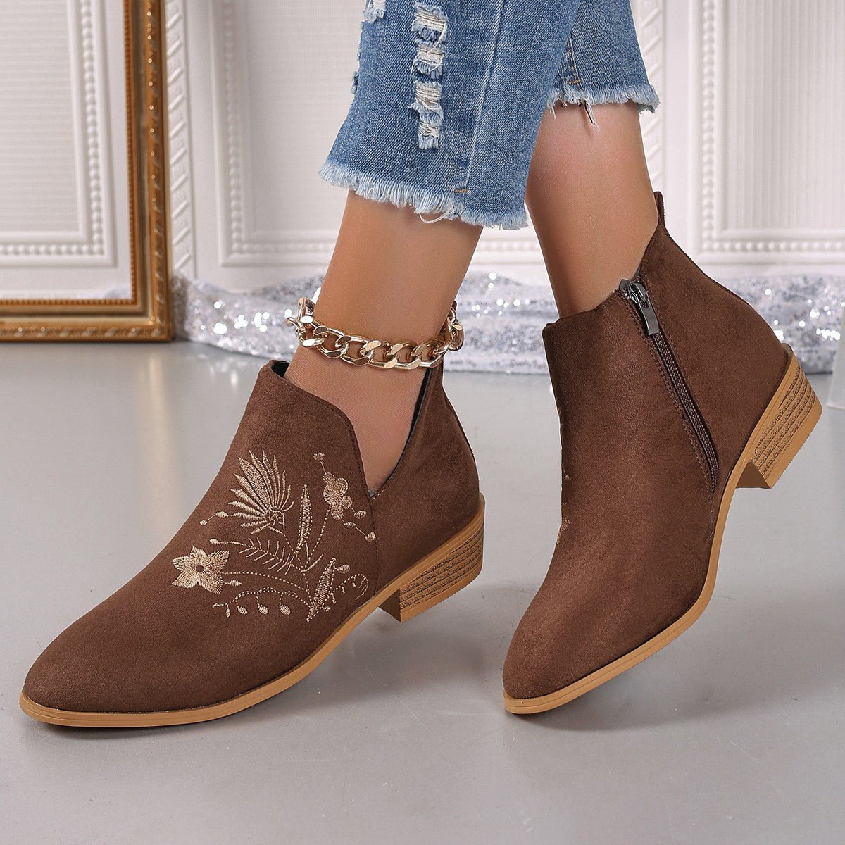 Embroidered Ankle Boots | Suede | Low Heel | Boho Chic