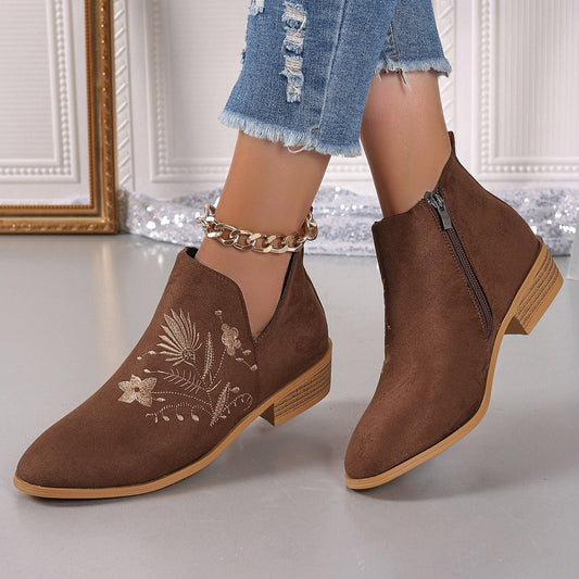 Embroidered Ankle Boots | Suede | Low Heel | Boho Chic
