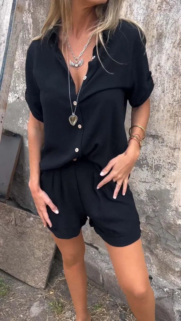 Relaxed Linen Button-Up Set | Short Sleeve Collared Top & Pleated Pants | Warm-Weather Essential