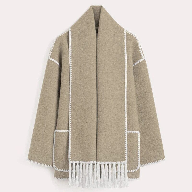 Draped Wool-Blend Coat with Scarf Detail | Oversized Fit | Fringe Hem | Modern Elegance