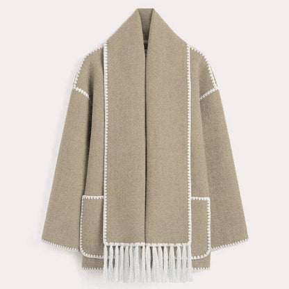 Draped Wool-Blend Coat with Scarf Detail | Oversized Fit | Fringe Hem | Modern Elegance