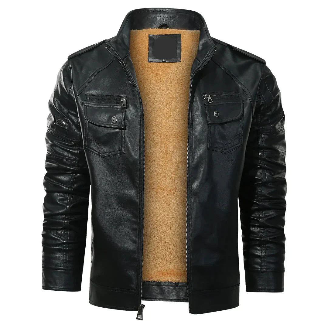 Men’s Faux Leather Moto Jacket | Fleece-Lined Interior | Winter Biker Style