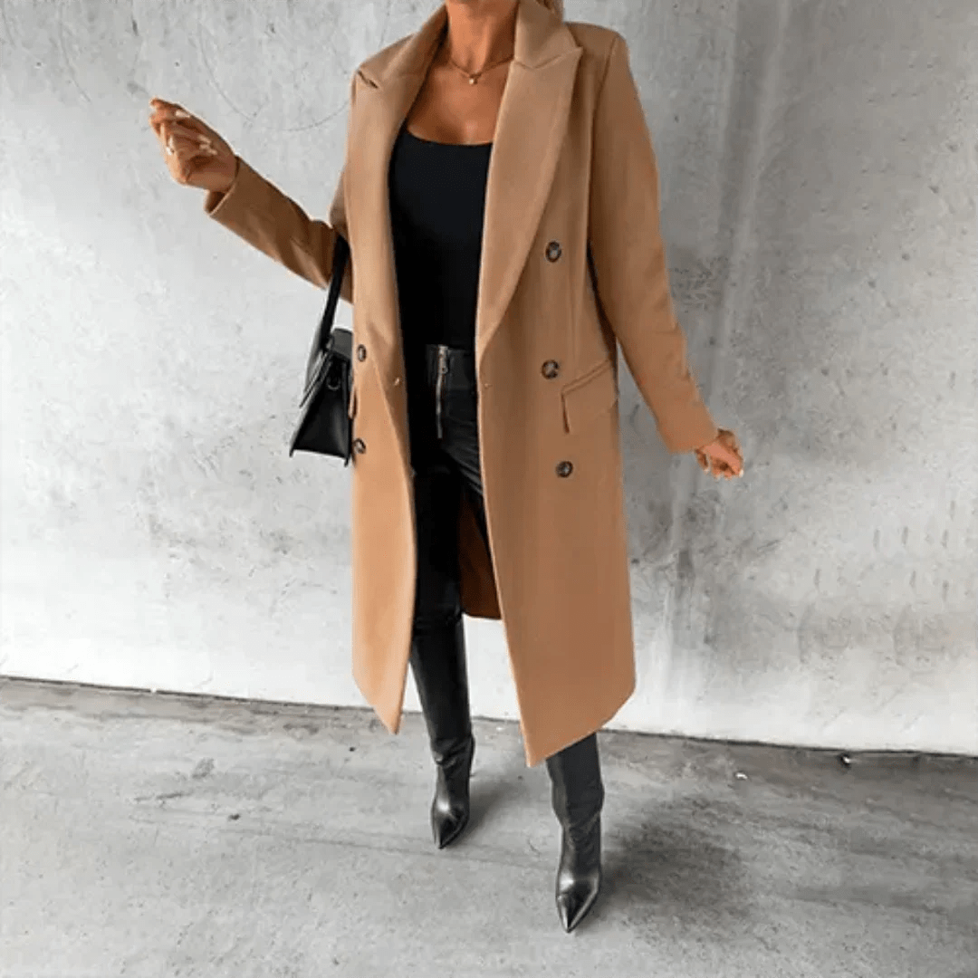 Double-Breasted Long Coat | Tailored Fit | Midweight Wool Blend