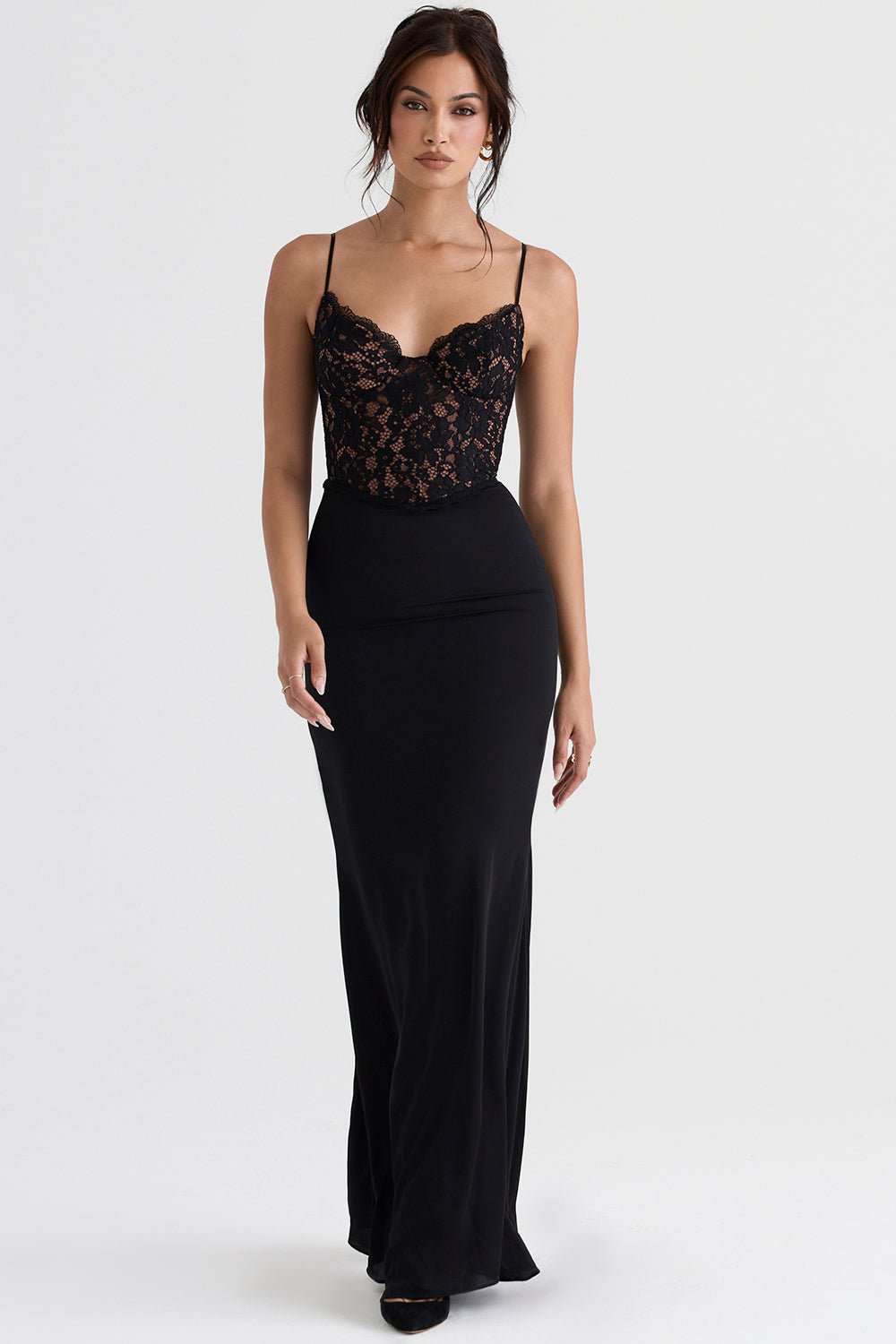 Lace-Detail Maxi Gown | Sleek Fit | Spaghetti Straps | Black