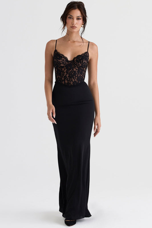 Lace-Detail Maxi Gown | Sleek Fit | Spaghetti Straps | Black