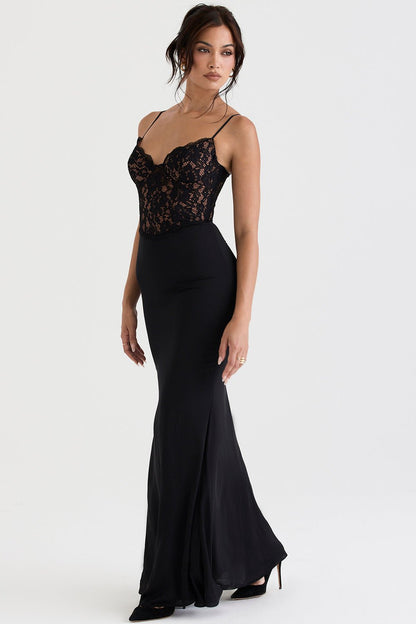 Lace-Detail Maxi Gown | Sleek Fit | Spaghetti Straps | Black