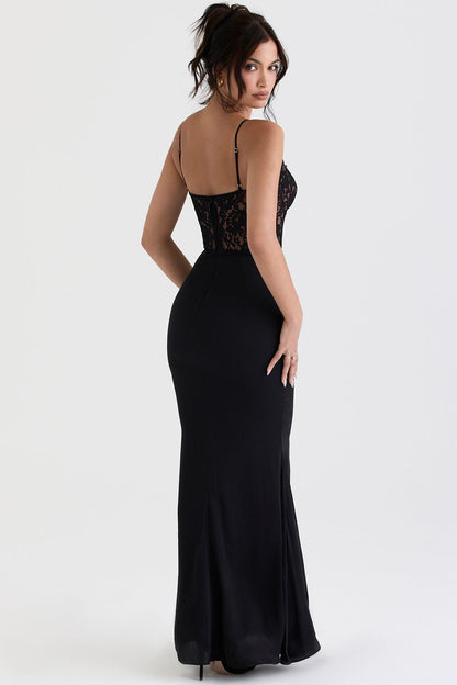 Lace-Detail Maxi Gown | Sleek Fit | Spaghetti Straps | Black