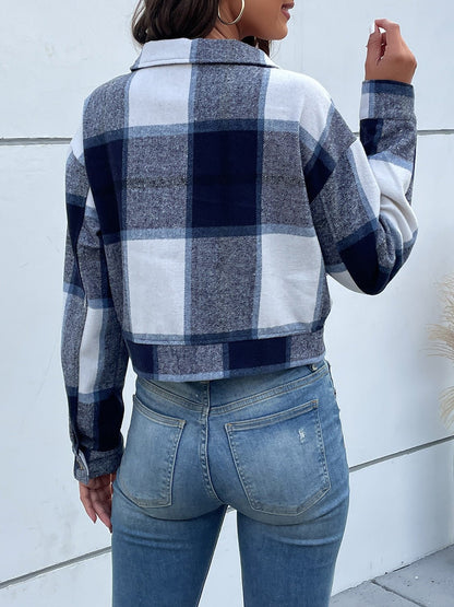 Cropped Plaid Jacket | Trendy Button-Down Design | Lightweight Polyester Blend | Casual Layering