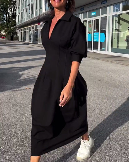 Collared Midi Dress | Relaxed Fit with Pockets and V-Neckline
