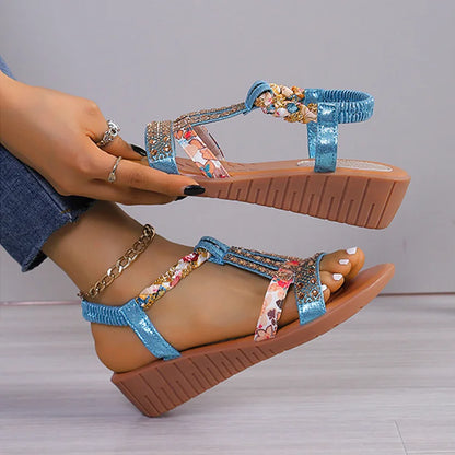 Women’s Rhinestone Wedge Sandals | Elastic Slingback Summer Shoes | Cushioned Comfort with Sparkle