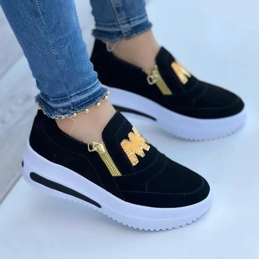 Platform Zip Sneakers | Bold Red with Gold Detail | Casual Slip-On Comfort