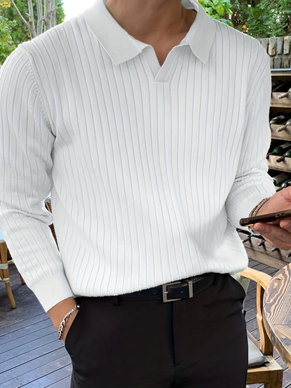 Men's Ribbed Knit Polo Shirt | Long Sleeve | Slim Fit Dress-Casual Top