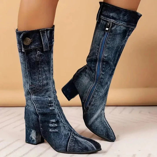Denim Mid-Calf Boots | Distressed Style | Chunky Heel | Casual Statement