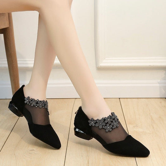 Floral Mesh Pointed Flats | Embellished Strap | Low Heel