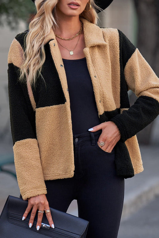 Colourblock Sherpa Jacket | Trendy Patchwork Design | Soft Fleece Blend | Casual Outerwear