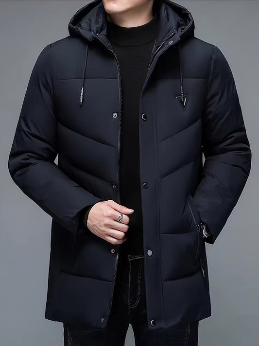 Men's Mid-Length Puffer Jacket | Removable Hood | Insulated Winter Coat