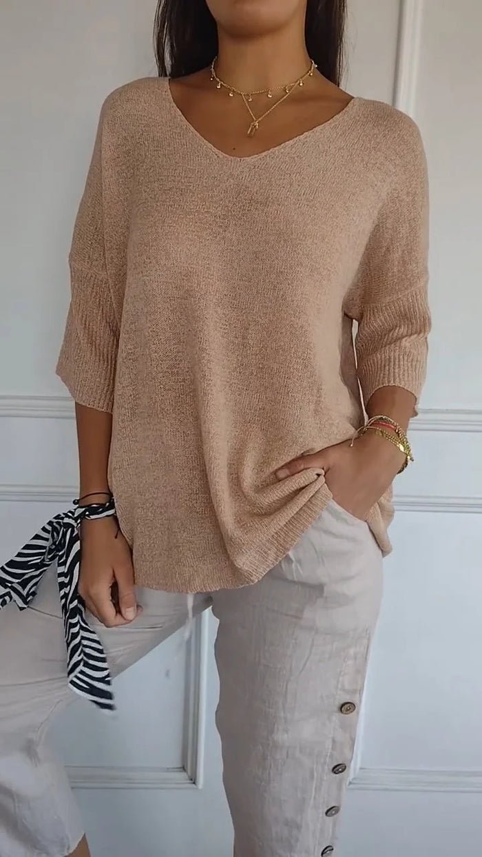 V-Neck Lightweight Knit Top | 3/4 Sleeve | Relaxed Everyday Fit