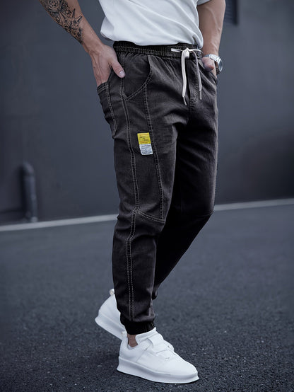 Men’s Drawstring Denim Joggers | Relaxed Fit Streetwear Jeans | Distressed Light Wash