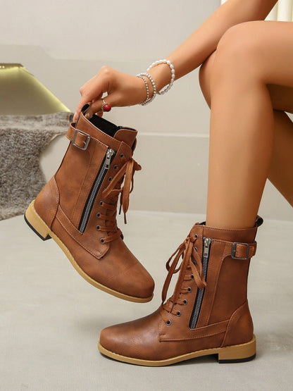 Lace-Up Combat Boots | PU Leather | Low Heel | Everyday Comfort