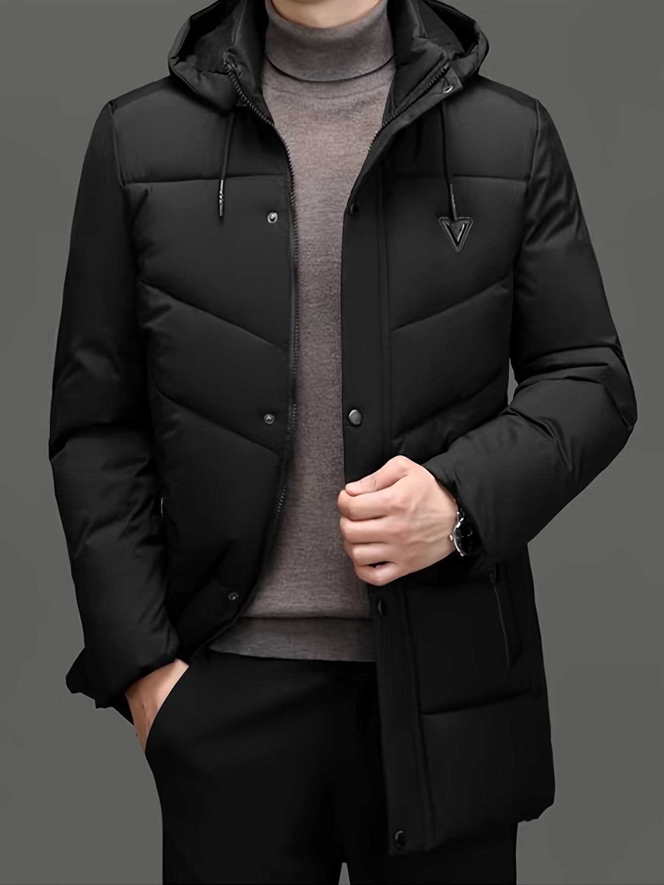 Men's Mid-Length Puffer Jacket | Removable Hood | Insulated Winter Coat