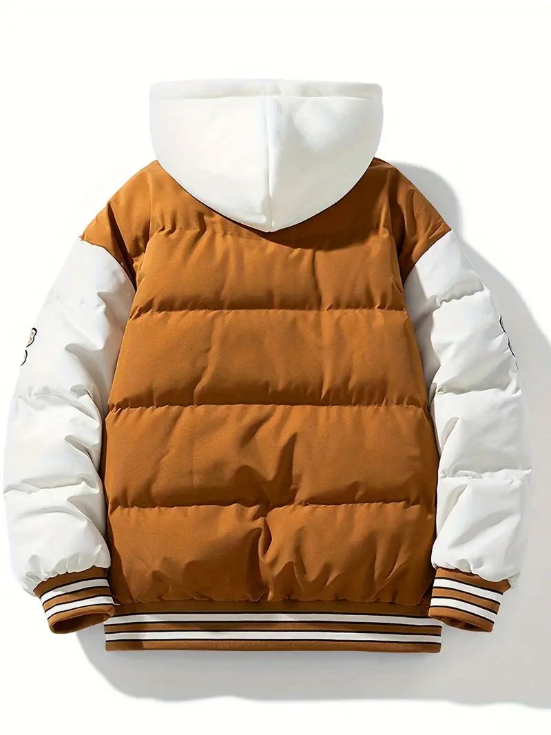Men's Colour-Block Puffer Jacket | Sherpa Lined | Hooded Varsity Style