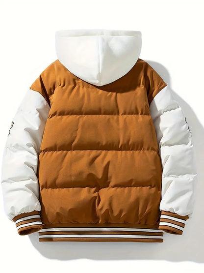 Men's Colour-Block Puffer Jacket | Sherpa Lined | Hooded Varsity Style